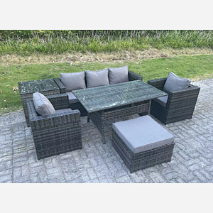 Fimous PE Wicker Rattan Garden Furniture Set Outdoor Rectangular Dining Table Lounge Sofa Chair with Side Table Stool 6 Seater