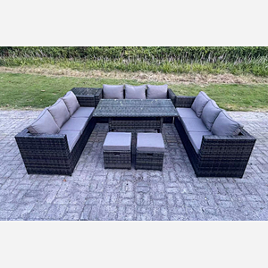 Fimous 11 Seater Outdoor PE Wicker Garden Furniture Rattan Lounge Sofa Set Patio Rectangular Dining Table with 2 Small Footstool Side Table Dark Grey Mixed