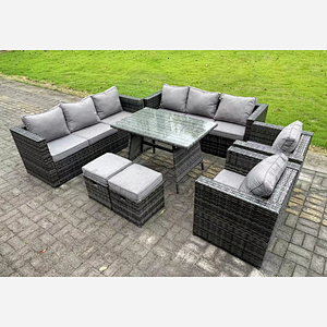 Fimous Rattan Garden Outdoor Furniture Sofa Garden Dining Set with Patio Dining Table 2 Armchairs 2 Small Footstools 10 Seater Dark Grey Mixed