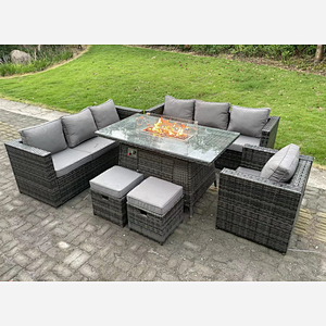 Fimous Rattan Garden Furniture Sofa Set Outdoor Patio Gas Fire Pit Dining Table Gas Heater Burner With  Armchair 2 Small Stools 9 Seater Dark Grey Mixed