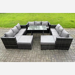 Fimous 11 Seater Wicker PE Rattan Outdoor Furniture Lounge Sofa Garden Dining Set with Dining Table 2 Big Footstools Dark Grey Mixed