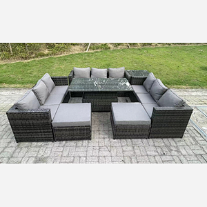 Fimous 11 Seater Outdoor Rattan Garden Furniture Sofa Set Patio Adjustable Rising Lifting Dining Table Set with Side Table 2 Big Footstools Dark Grey Mixed
