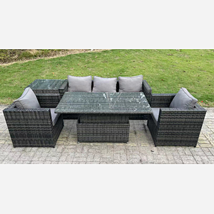 Fimous Outdoor Rattan Garden Furniture Sofa Set Patio Adjustable Rising Lifting Dining Table Set with Side Table 2 Armchairs Dark Grey Mixed