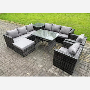 Fimous 9 Seater Wicker Rattan Outdoor Furniture Lounge Sofa Garden Dining Set with Dining Table 2 Armchairs Side Tables Big Footstool Dark Grey Mixed