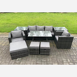 Fimous 8 Seater Rattan Outdoor Furniture Sofa Garden Dining Set with Dining Table 2 Armchairs 2 Side Tables 3 Stools Dark Grey Mixed