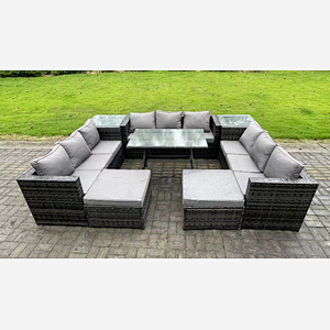 Fimous 11 Seater Wicker PE Rattan Outdoor Furniture Lounge Sofa Garden Dining Set with Dining Table 2 Side Tables 2 Big Footstools Dark Grey Mixed