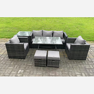 Fimous 7 Seater Rattan Outdoor Furniture Garden Dining Set with Lounge Sofa Dining Table 2 Armchairs Small Stools Dark Grey Mixed