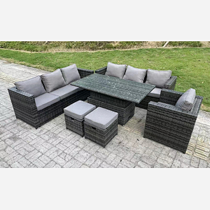 Fimous Wicker PE Garden Furniture Rattan Sofa Set Outdoor Adjustable Rising Lifting Dining Table Set with Armchair 2 Stools 9 Seater Dark Grey Mixed