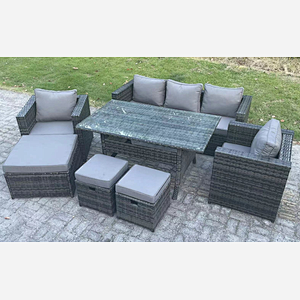 Fimous Outdoor Garden Furniture Set Patio Rattan Rectangular Dining Table Lounge Sofa Chair with Big Footstool 2 Small Stools Dark Grey Mixed