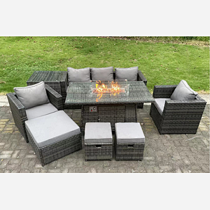 Fimous 8 Seater Wicker PE Rattan Garden Furniture Set Gas Fire Pit Dining Table Gas Heater Burner With 2 Armchairs Side Tables Footstools Dark Grey Mixed