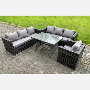 Fimous Wicker PE Rattan Garden Dining Set Outdoor Furniture Sofa with Patio Dining Table Armchair 7 Seater Dark Grey Mixed