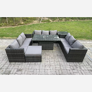 Fimous Outdoor Rattan Garden Furniture Sofa Set Patio Adjustable Rising Lifting Dining Table Set with Side Table Big Footstool 10 Seater Dark Grey Mixed