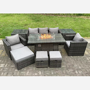 Fimous Wicker PE Rattan Garden Furniture Set Gas Fire Pit Dining Table Gas Heater Burner With 2 Armchairs 2 Side Tables Footstools 8 Seater Dark Grey Mixed