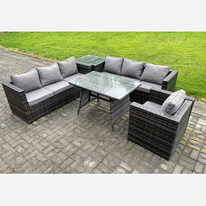 Fimous 7 Seater Wicker PE Rattan Garden Dining Set Outdoor Furniture Sofa with Patio Dining Table Side Table Armchair Dark Grey Mixed