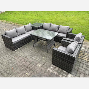 Fimous Rattan Outdoor Furniture Sofa Garden Dining Set with Patio Dining Table 2 Armchairs Side Table 8 Seater Dark Grey Mixed