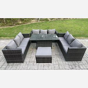 Fimous 10 Seater Rattan Garden Furniture Sofa Set Outdoor Adjustable Rising Lifting Dining Table Set with Big Footstool Dark Grey Mixed