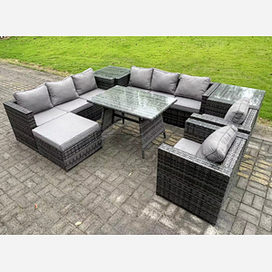 Fimous Wicker Rattan Outdoor Furniture Lounge Sofa Garden Dining Set with Dining Table 2 Side Tables Big Footstool Armchairs 9 Seater Dark Grey Mixed