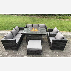 Fimous 9 Seater Outdoor PE Rattan Garden Furniture Set Gas Fire Pit Dining Table Gas Heater Burner With Sofa Armchairs Big Footstool Dark Grey Mixed