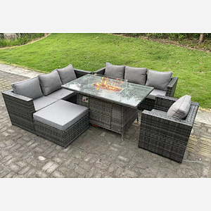 Fimous Outdoor Rattan Garden Furniture Sofa Set Gas Fire Pit Dining Table Gas Heater Burner With Armchair Big Footstool 8 Seater Dark Grey Mixed