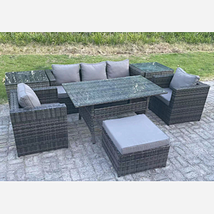 Fimous 6 Seater Rattan Garden Furniture Set Patio Outdoor Rectangular Dining Table Lounge Sofa Chair with 2 Side Table Stool Dark Grey Mixed