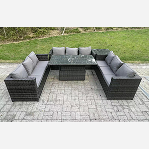 Fimous 9 Seater Outdoor Rattan Garden Furniture Sofa Set Patio Adjustable Rising Lifting Dining Table Set with Side Table Dark Grey Mixed