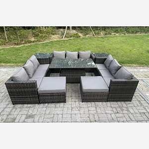 Fimous Wicker PE Rattan Garden Furniture Sofa Set Outdoor Adjustable Rising Lifting Dining Table Set with 2 Side Tables 2 Footstools 11 Seater Dark Grey Mixed