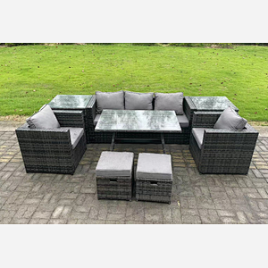 Fimous Rattan Outdoor Furniture Sofa Garden Dining Set with Dining Table 2 Armchairs 2 Side Tables Small Stools Dark Grey Mixed