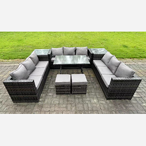 Fimous Wicker PE Rattan Outdoor Furniture Lounge Sofa Garden Dining Set with Dining Table 2 Side Tables 2 Small Footstools Dark Grey Mixed