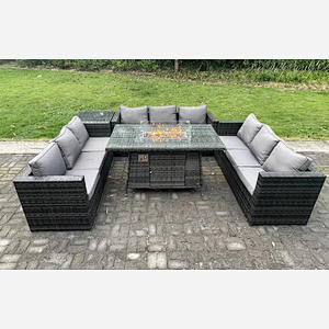 Fimous 9 Seater Rattan Garden Furniture Sofa Set Outdoor Patio Gas Fire Pit Dining Table Gas Heater Burner With Side Table Dark Grey Mixed