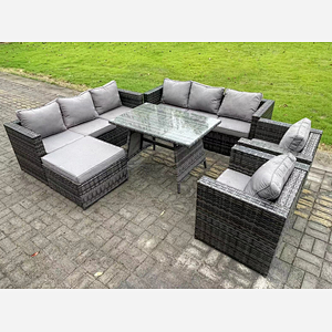 Fimous 8 Seater Rattan Outdoor Furniture Sofa Garden Dining Set with Patio Dining Table 2 Armchairs Big Footstools Dark Grey Mixed