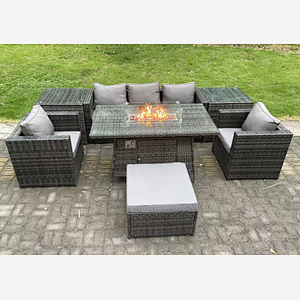 Fimous 6 Seater Outdoor PE Rattan Garden Furniture Set Gas Fire Pit Dining Table Gas Heater Burner With 2 Armchairs 2 Side Tables Big Footstool Dark Grey Mixed