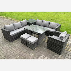 Fimous 9 Seater Rattan Outdoor Furniture Sofa Garden Dining Set with Dining Table Armchair Side Table 2 Small Footstools Dark Grey Mixed