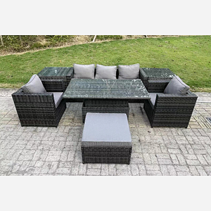 Fimous 6 Seater Rattan Garden Furniture Sofa Set Outdoor Adjustable Rising Lifting Dining Table Set with 2 Armchairs 2 Side Tables Big Footstool Tables Dark Grey Mixed