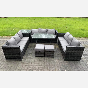 Fimous Rattan Outdoor Furniture Lounge Sofa Garden Dining Set with Dining Table Side Table 2 Small Footstools 11 Seater Dark Grey Mixed