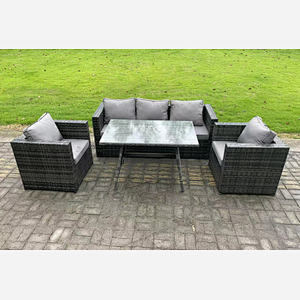 Fimous Wicker PE Rattan Outdoor Furniture Garden Dining Set with Lounge Sofa Oblong Dining Table 2 Armchairs Dark Grey Mixed