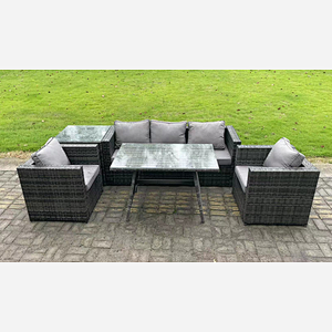 Fimous 5 Seater Wicker Rattan Outdoor Furniture Garden Dining Set with Sofa Oblong Dining Table Armchairs Side Table Dark Grey Mixed