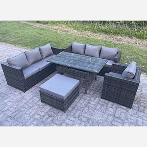 Fimous 8 Seater Outdoor Lounge Sofa Garden Furniture Set Patio Rattan Rectangular Dining Table Chair with Big Footstool Dark Grey Mixed