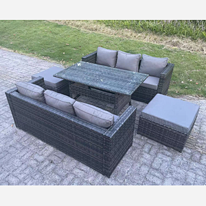 Fimous 8 Seater Outdoor Lounge Sofa Garden Furniture Set Patio Rattan Rectangular Dining Table with 2 Big Footstool Dark Grey Mixed