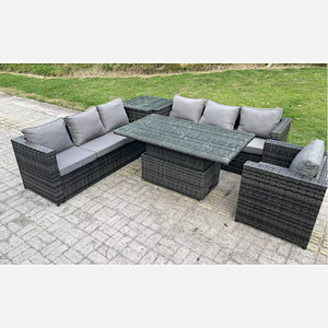 Fimous 7 Seater Wicker PE Garden Furniture Rattan Sofa Set Outdoor Adjustable Rising Lifting Dining Table Set with Armchair Side Table Dark Grey Mixed