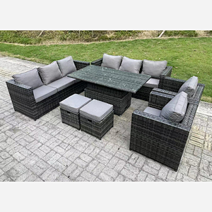 Fimous 10 Seater Wicker PE Garden Furniture Rattan Sofa Set Outdoor Adjustable Rising Lifting Dining Table Set with 2 Armchairs 2 Stools Dark Grey Mixed