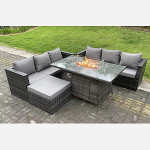 Fimous Outdoor Rattan Garden Furniture Sofa Set Gas Fire Pit Dining Table Gas Heater Burner With 3 Seater Sofa Big Footstool 7 Seater Dark Grey Mixed