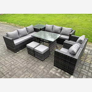 Fimous 10 Seater Wicker PE Rattan Outdoor Furniture Lounge Sofa Garden Dining Set with Dining Table Side Table Armchairs 2 Stools Dark Grey Mixed