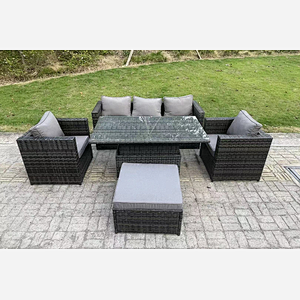 Fimous Rattan Garden Furniture Sofa Set Outdoor Adjustable Rising Lifting Dining Table Set with 2 Armchairs Big Footstool Dark Grey Mixed