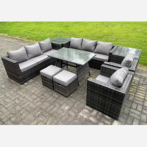Fimous Wicker Rattan Outdoor Furniture Lounge Sofa Garden Dining Set with Dining Table 2 Side Tables 2 Stools 2 Armchairs 10 Seater Dark Grey Mixed