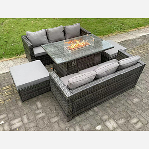 Fimous 8 Seater Outdoor Rattan Garden Furniture Sofa Set Gas Fire Pit Dining Table Gas Heater Burner With 3 Seater Sofa 2 Big Footstools Dark Grey Mixed