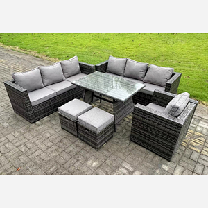 Fimous 9 Seater Wicker PE Rattan Garden Dining Set Outdoor Furniture Sofa with Patio Dining Table Armchair 2 Small Stools Dark Grey Mixed