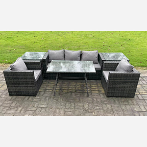 Fimous 5 Seater Rattan Outdoor Furniture Garden Dining Set with Oblong Dining Table 2 Armchairs 2 Side Tables Dark Grey Mixed