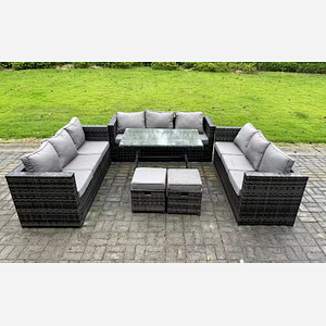 Fimous 11 Seater Rattan Outdoor Furniture Sofa Garden Dining Set with Patio Dining Table 2 Small Footstools Dark Grey Mixed