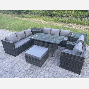 Fimous 9 Seater Outdoor Wicker Garden Furniture Rattan Lounge Sofa Set Patio Rectangular Dining Table with 2 Armchair 2 Side Table Stool Dark Grey Mixed