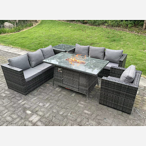 Fimous 7 Seater Rattan Garden Furniture Sofa Set Outdoor Patio Gas Fire Pit Dining Table Gas Heater Burner With  Armchair Side Table Dark Grey Mixed